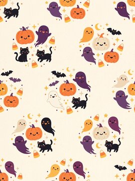 Cute Halloween seamless pattern featuring adorable smiling ghosts, orange and white pumpkins, black cats, flying bats, candy corn, stars, and moon icons in circular arrangements on light background.