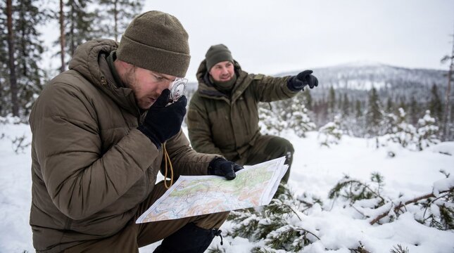 Man navigating wilderness with map and compass in snowy forest for outdoor adventure