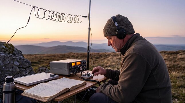 Man operating amateur radio equipment on hilltop during sunset for communication