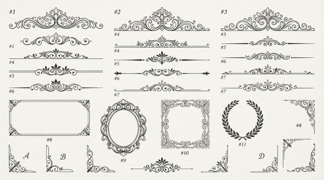 Detailed collection of vintage ornamental flourish dividers and elegant victorian corner frame flourishes rendered in classic black ink style against a clean light paper textured background.