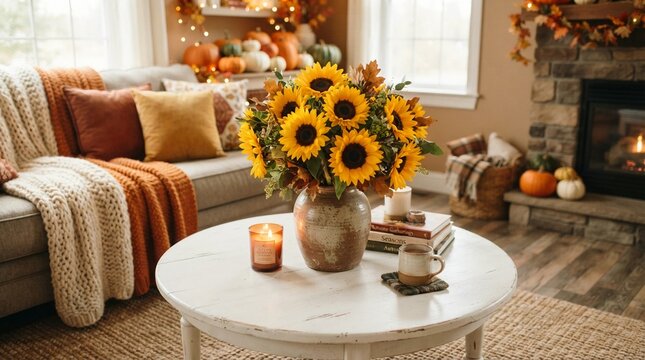Vibrant sunflowers arranged in a rustic ceramic vase sitting on a white coffee table inside a cozy living room decorated for the festive autumn season