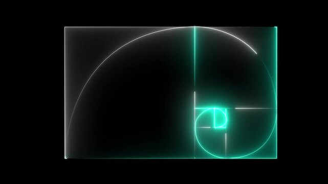 Neon  golden ratio Fibonacci sequence golden number icon on black background. Golden ratio transparent video. neon Fibonacci spiral 4k video with alpha