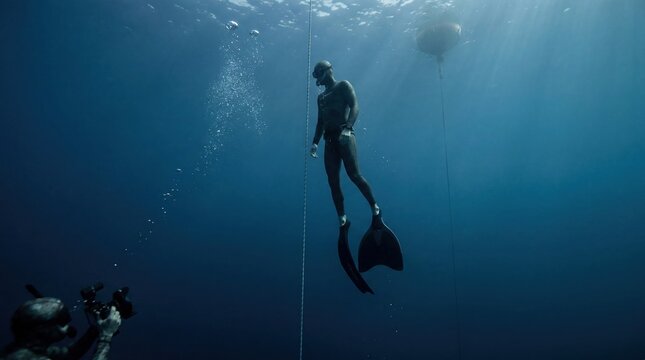 Man practicing competitive freediving training in deep underwater environment