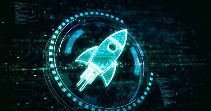Startup business rocket launch symbol digital concept. Cyber technology and computer background abstract 3d.