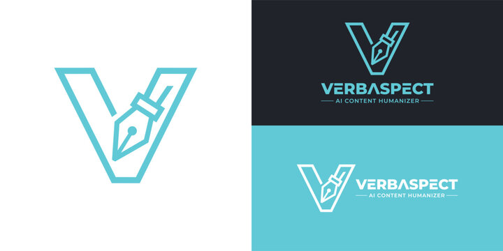 A modern cyan logo featuring a geometric letter V integrated with a stylized fountain pen nib, symbolizing precision, intelligent editing, and refined content creation.
