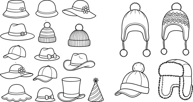 Hat and Cap Line Icon Set with Winter Beanies Uschanka Trapper Hats Fedora Cowboy Cap Baseball Top Hat and Party Headwear Vector Elements