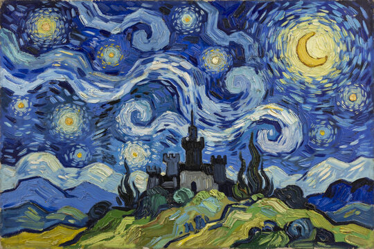 Swirling Night Sky Over Silhouetted Castle on Hilltop, Post-Impressionist Oil Painting Style