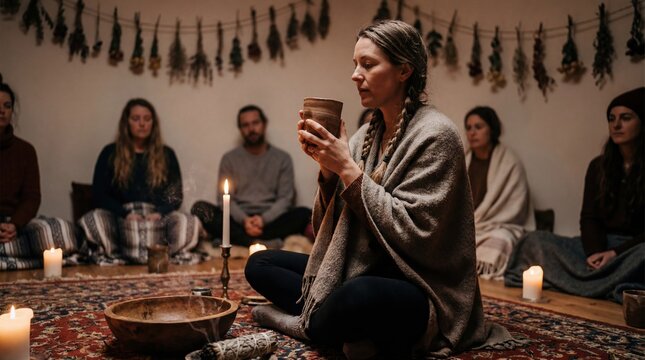Woman participating in cacao ceremony seated in circle with candles and herbs