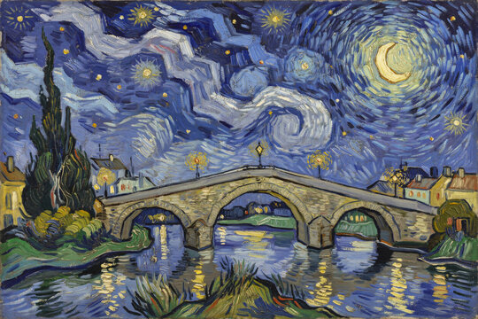 Swirling Night Sky Over Stone Bridge with Street Lamps, Post-Impressionist Oil Painting Style