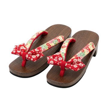 Traditional japanese geta wooden sandals with red floral pattern fabric straps and bow detail for yukata or kimono summer outfits.