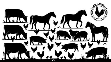 Fototapeta premium Farm Animals set with silhouettes featuring cow, horse, pig, chicken, sheep with rooster and poultry
