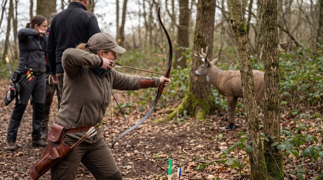 Woman practicing competitive archery in forest during target shooting session