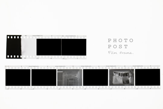 Vintage 35mm film strip template featuring blank black frames and negative strips on a clean white background. Perfect for photo mockups