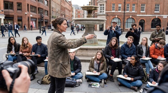 Woman leading urban sketching meetup group in city square for artistic collaboration