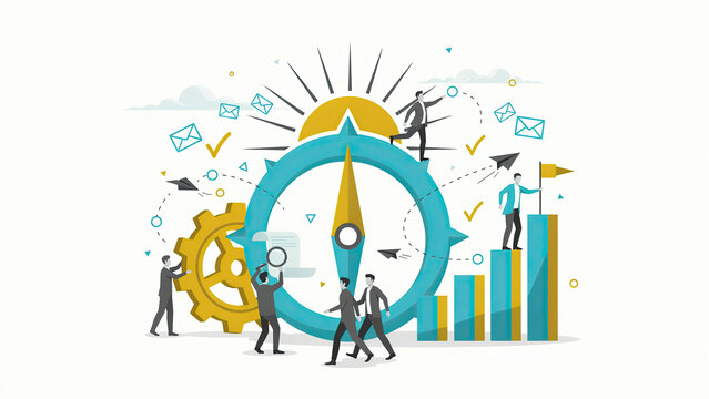 Business people working together around a giant compass with gears and charts in flat illustration style