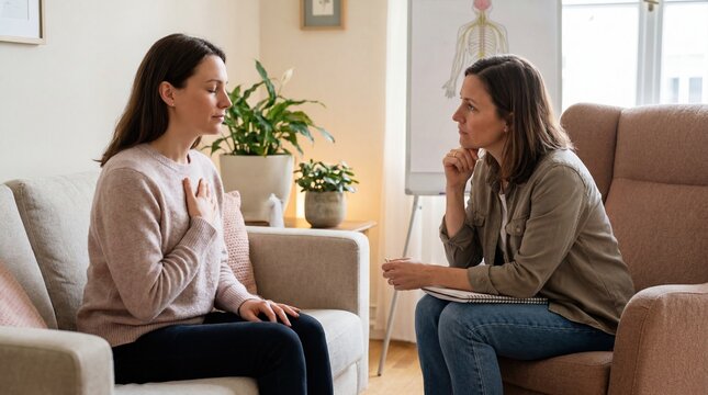 Woman practicing somatic experiencing therapy in a calm therapy session