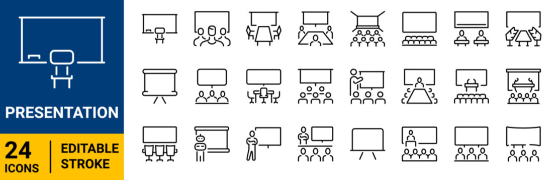 Presentation and public speaking outline icon set. featuring presentation screens, presenters, slides, projectors, charts, meetings, lectures, webinars and business communication concepts. Linear vect