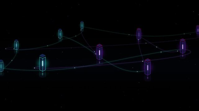 Abstract glowing 3D server nodes connected by data stream lines on a dark reflective floor. Futuristic cloud computing and blockchain network motion graphics loop.