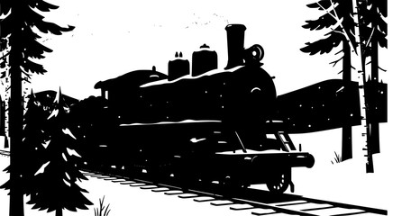 Naklejka premium Keywords (30): locomotive, steam, train, railway, vintage, antique, winter, snow, Karelia, Russia, northern, forest, pine, birch, railway, tracks, engine, transport, historic, retro, machinery, countr