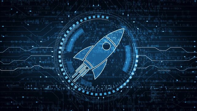 Startup business rocket launch symbol abstract digital concept. Network, cyber technology and computer background seamless and looped.