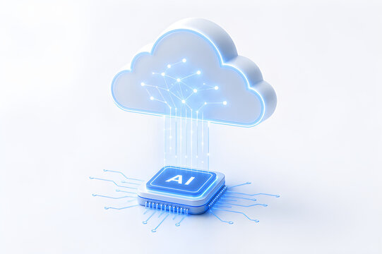 AI chip connected to cloud computing network on white background