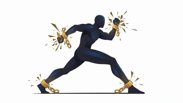 Dark silhouette of a person breaking free from golden chains representing liberty and personal success