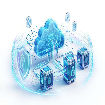 Cloud computing security concept with digital server infrastructure and data protection shield