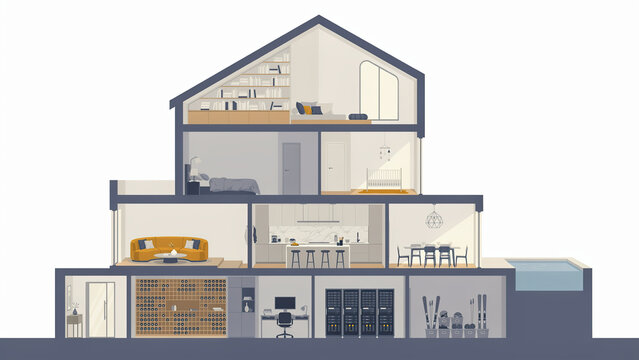Detailed cross section view of a multi level house showing various rooms and interior furniture setup