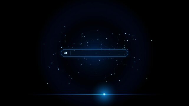 Abstract glowing search bar with AI text and blinking cursor on a dark plexus background. Futuristic artificial intelligence prompt interface motion graphics loop.