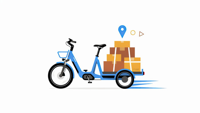 Electric cargo tricycle delivering cardboard boxes with a location pin icon in a clean vector style
