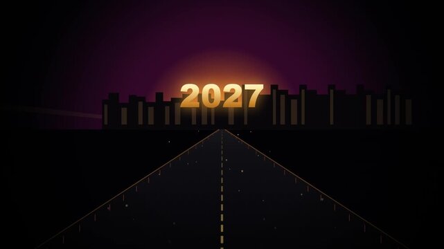 Driving on a dark highway towards the glowing golden year 2027 and city skyline. Futuristic New Year journey and business goals motion graphics.