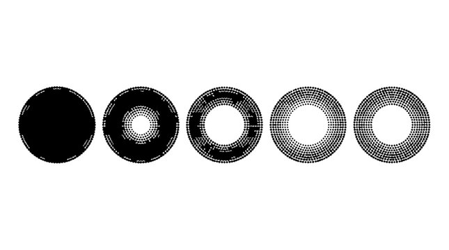 Circle set with halftone patterns featuring dense dots, sparse dots, gradient dots, concentric circles and diminishing circles