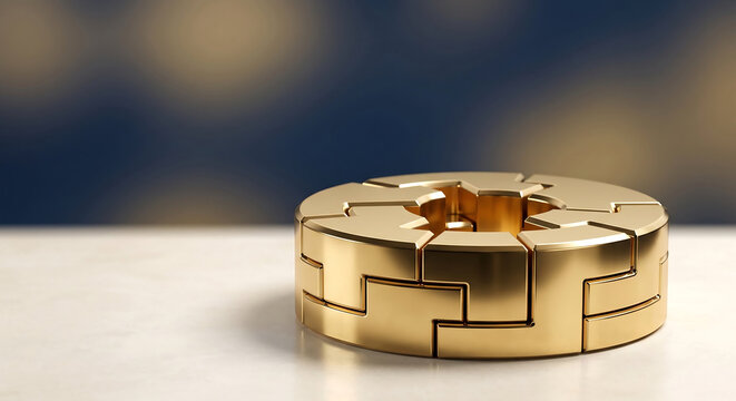 Golden circular puzzle pieces, interlocking brass mechanical parts, metallic ring assembly on marble surface, luxury business concept for teamwork and integration