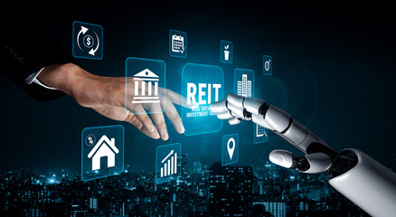 Innovative Technology and Finance Future with Robot Hand and Human Hand Connecting Over REIT...