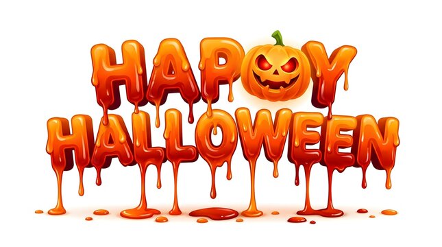 Happy halloween text with dripping slime and scary pumpkin