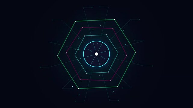 Futuristic hexagonal HUD technology interface with glowing cyber elements and data nodes