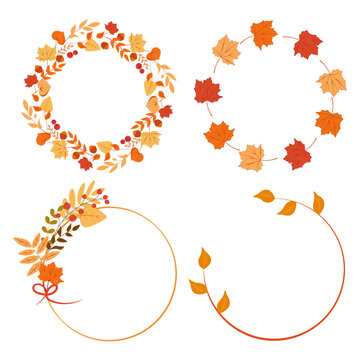 Set of circular autumn wreaths and round frames with fall leaves, maple leaves. Copy space in the center. Vector, transparent background, perfect for harvest, thanksgiving, invitation, sale banners.