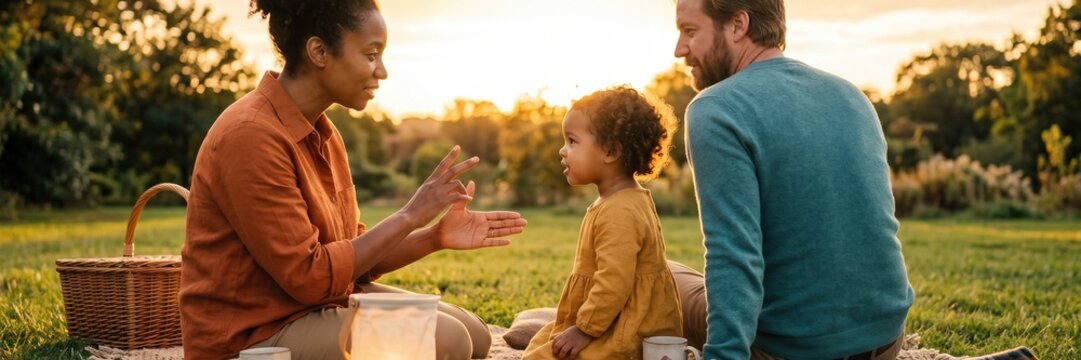Parents guide their child during an outdoor educational activity. Concept of supportive parenting curiosity and learning through play