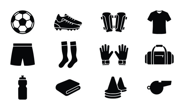 12 Black Silhouette Football Soccer Gear Icons, Vector Set: Ball, Cleats, Shin Guards, Jersey, Shorts, Socks, Gloves, Bag, Bottle, Towel, Cones, Whistle
