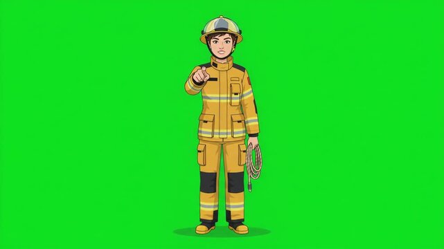 Firefighter in uniform holding a rope, standing on a green screen background, ready for rescue operations.