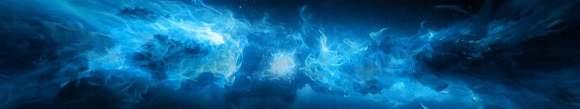 Blue Plasma Clouds Collide in a Panoramic Seamless Loop Animation with Glowing Cyan Energy on a Dark Cosmic Background