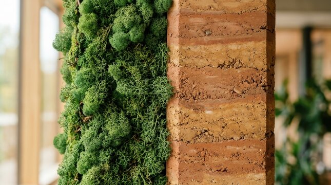 Sustainable interior design with green moss and rammed earth wall
