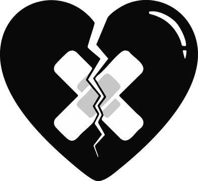 Heartbreak symbol with a cracked heart patched together by adhesive plaster represents emotional pain and healing.