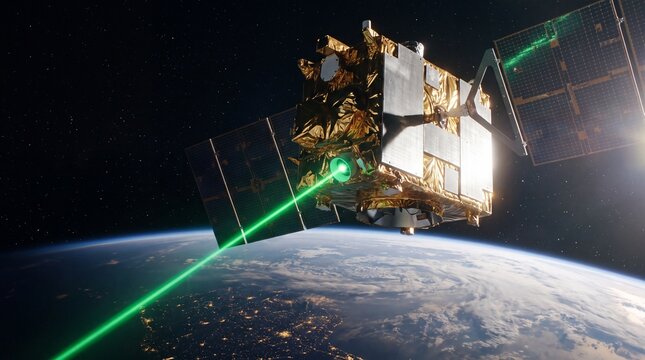 Modern Satellite in Earth Orbit Firing Green Laser Beam to Surface for High Speed Optical Data Communication Global Surveillance and Space Defense