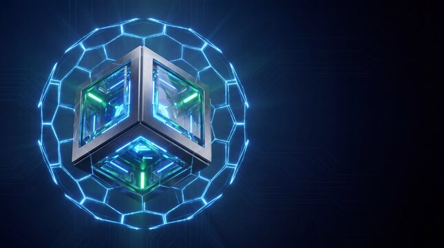 Futuristic 3D Cyber Cube with Glowing Neon Core Enclosed in Hexagonal Energy Shield, Cyber Security and Blockchain Data Protection Concept on Dark Tech Circuit Background