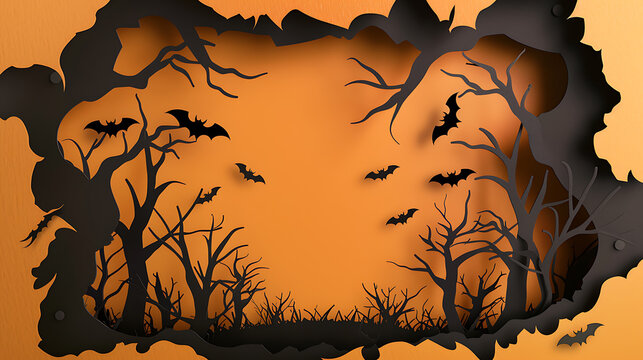 3D Layered Papercut Spooky Halloween Bat and Tree Border with Vast Central Copy Space for Autumn Sale Flyer Layout