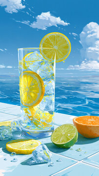 Refreshing citrus drink with ice against a bright blue sky