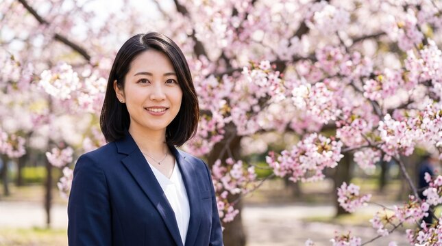 プロフィール写真をイメージした、春の桜木を背にして穏やかな笑顔をカメラに向けている、知的な印象の20代日本人女性社員のバストアップポートレート
