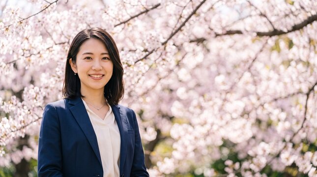 プロフィール写真をイメージした、春の桜木を背にして穏やかな笑顔をカメラに向けている、知的な印象の20代日本人女性社員のバストアップポートレート