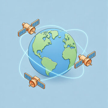 Three Satellites Orbiting Planet Earth &ndash; Global Connectivity Illustration